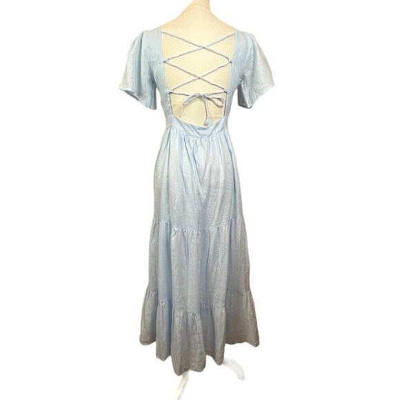 NWT LUSANA Linen Coco Lace Back Tiered Midi Sky Blue Lined Size 4 - Picture 1 of 13